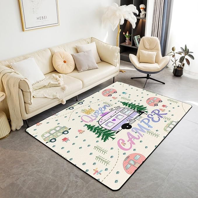 Erosebridal Happy Camping Area Rug 5x7 Camper Rug for Girls Kids Cartoon Spring RV Travel Campfire Carpet Romantic Purple Light Yellow Green Pink Trees Non Slip Accent Rug