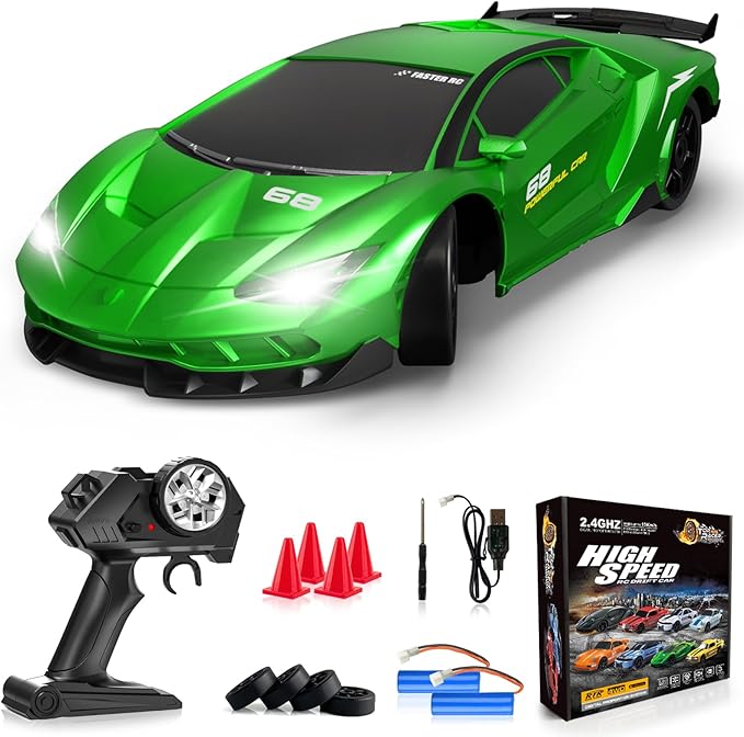 RC Drift Remote Control Car 2.4GHz 1/24 4WD 15KM/H High Speed Racing Sport with LED Lights Drifting Tire Toy for Adults Boys Girls Kids Gift 2Pcs Rechargeable Batteries