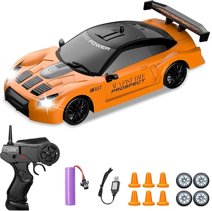 Remote Control Car, Drift RC Car 1/24 2.4GHz 4WD High Speed RC Vehicle Cars Toys with LED Light and Drift Tires USB Charging for Boys and Girls Teens and Adults (Orange)