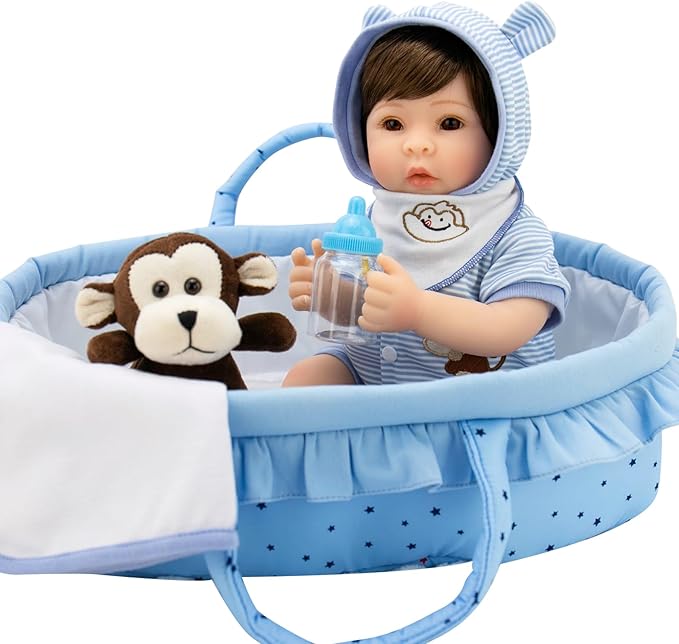 Aori Lifelike Reborn Baby Dolls Blue Bassinet 18 inch Realistic Newborn Boy Doll with Weighted Soft Body with 8 Piece Monkey Toy Carrier Bed Set