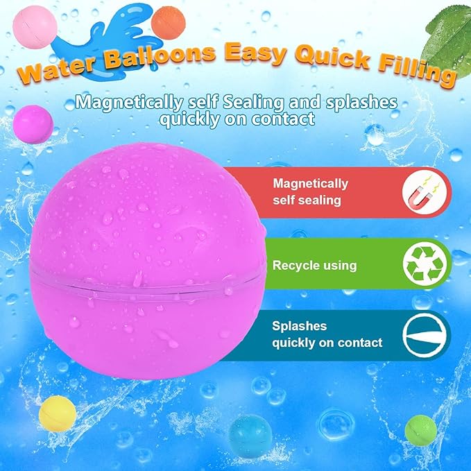 98K Reusable Water Balloons 12Pcs with Mesh Bag, Self Sealing Silicone Ball Latex-Free, No Clean Hassle, Easy to Fill, Summer Toys Water Toy Swimming Pool Beach Park Yard Outdoor Games Party Supplies