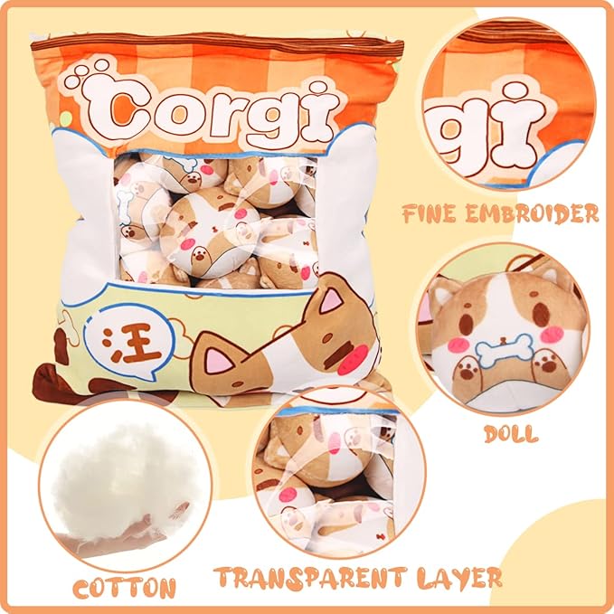 ARELUX Cute Corgi Plush Pudding Pillow:Snack Pillow Toys Bag Removable Stuffed Animal 8Pcs Sets Creative Plush,Soft Dog Puppy Plushie Throw Pillow,Dolls Friends Family Member