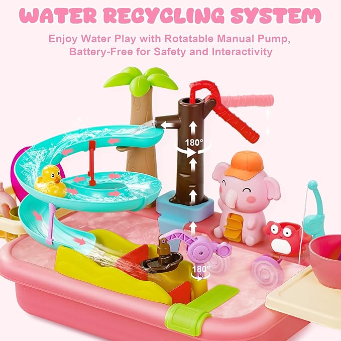 Play Sink with Running Water, 4-in-1 Water Table Toy with Slide Track, Magnetic Fishing Game Floating Toys for Water Play for Kids Toddlers 1-3 3-8 (Pink)