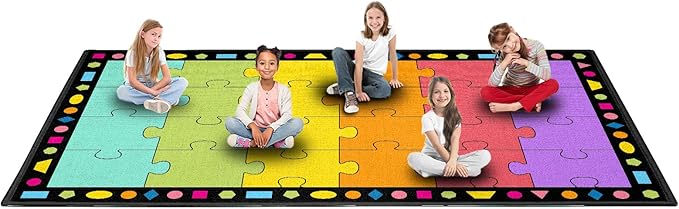 Booooom Jackson Large Classroom Rug Colorful Puzzle Classroom Carpet 7.5x13 ft Area Rug with Non-Slip Backing for Prechool Playroom Elementary Library Kindergarten Class Reading Circle Time
