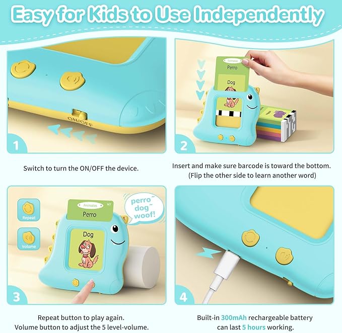 Bilingual Talking Flash Cards Spanish/English, Learning Sensory Toys for Autistic Children, 224 Sight Words Español Speech Therapy Kids Toys Beginner, Birthday Gift for Little Boys and Girls