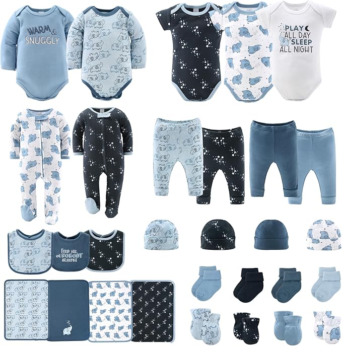 The Peanutshell Baby Layette Gift Set for Boys - 30 Piece Layette Set, Newborn to 9 Months Baby Boy Clothes - Elephant Blue
