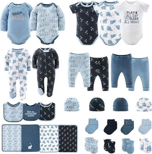 The Peanutshell Baby Layette Gift Set for Boys - 30 Piece Layette Set, Newborn to 9 Months Baby Boy Clothes - Elephant Blue