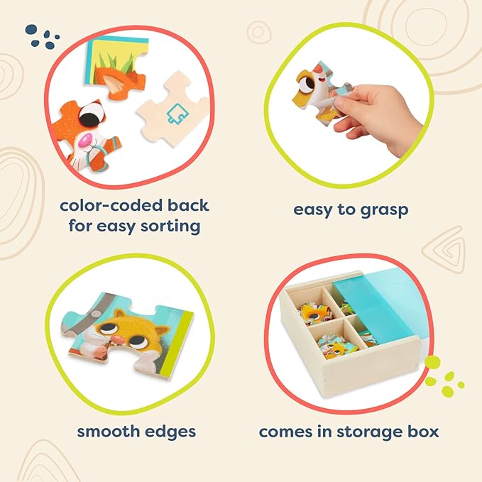 B. toys – Wooden Puzzle Set – 4 Animal Puzzles – Cat, Dog, Bird, Hamster– 12-Piece Jigsaw Puzzles For Kids – 3 Years + – Pack o' Puzzles - Pets