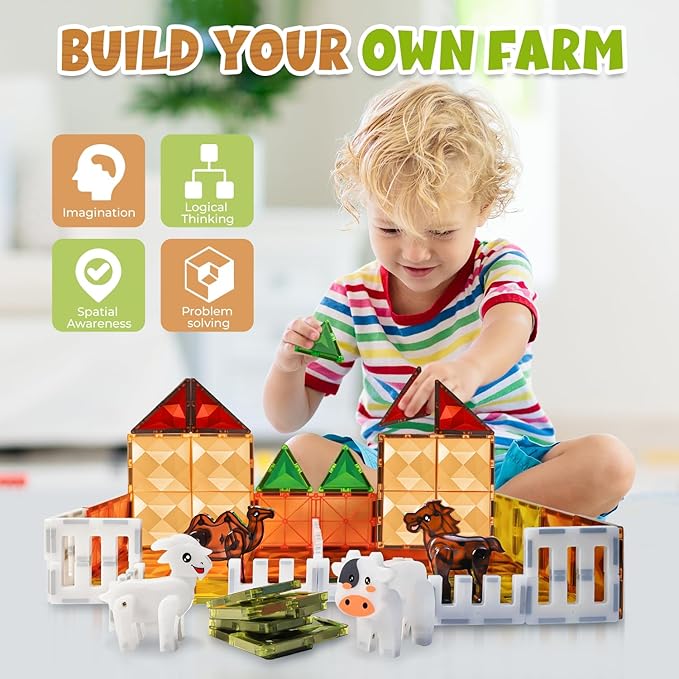 Magnetic Tiles for Kids Ages 4-8, Farm Magnet Tile Set with Animals for Toddlers Ages 3+ Boys Girls, Magnets Building Blocks Toy for Travel, Stem Educational Toys for Preschool