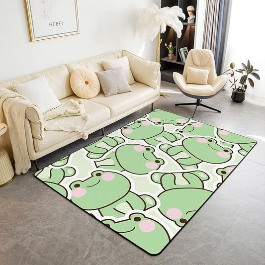 Frog Area Rug 5x7, Cartoon Frog Rug for Kids Boys Girls Teens, Kawaii Green Wild Animals Carpet, Cute Wildlife Farmhouse Rustic Funny Non Slip Decorative Rug