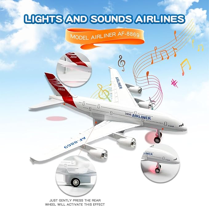 OTONOPI Airplane Toy Plane Die Cast Metal Pull Back Model Plane Toy Airlines with Lights and Sounds for Kids Toddlers Boys and Girls Age 3-12+ Birthday Gift (Airlines AF-8869)
