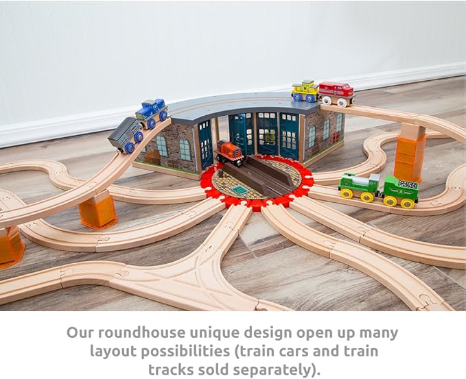 Wooden Railway 5 Engine Bays, Rooftop Rails Full Size Roundhouse with 14-Ways Turntable Compatible with Thomas & Friends Brio Imaginarium Melissa Doug Engine Shed