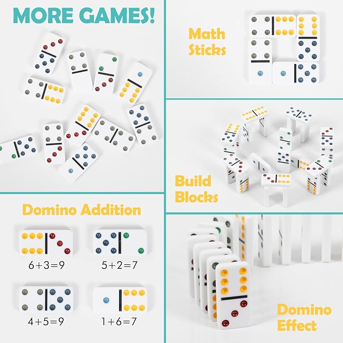 DAILYLIFE Dominoes for Kids, Double 6 Dominoes Set with 4 Wooden Racks/Trays, Double Six Dominoes Set with Portable Case, 28 Tiles Dominos Set for Family Board Games