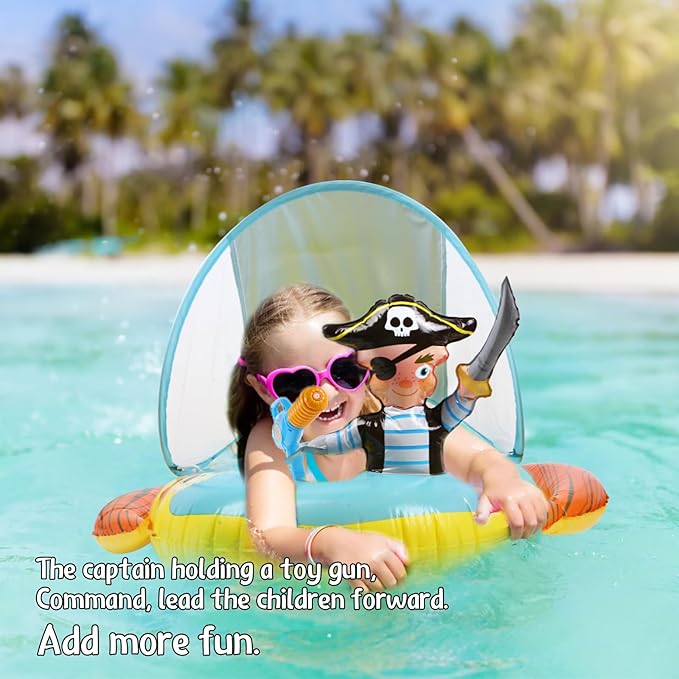 2X Thicken Inflatable Kids Pool Float with UPF 50+ Canopy Detachable,Pirate Ship Floaties with Captain & Water Gun,Swimming Pool Toys for Boys & Girls ，Toddlers ，Babies，Child,Summer Beach Outdoor Play