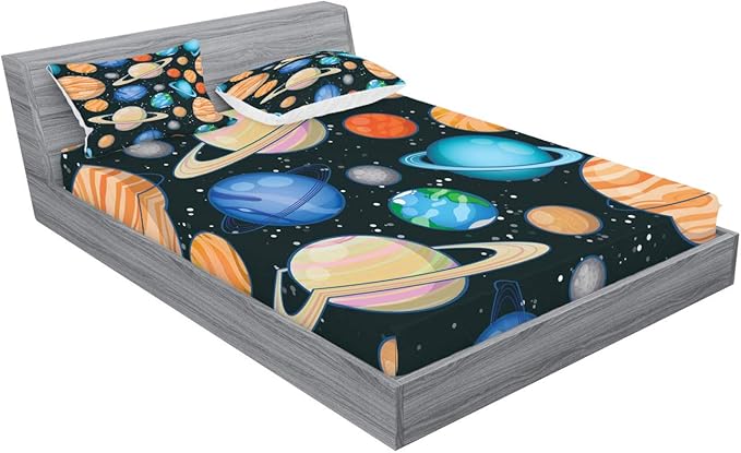 Ambesonne Galaxy Fitted Sheet & Pillow Sham Set, Galaxy Space Art Solar System Planets Mars Mercury Uranus Jupiter Venus Kids Print, Decorative Printed 3 Piece Bedding Decor Set, Queen, Salmon