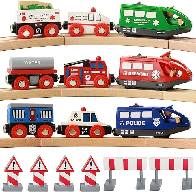 Wooden Train Set for Toddlers Battery Operated Action Rescue Trains with 3 Magnetic Motorized Engines and 6 Cars, Compatible with Thomas, Brio, Melissa and Doug