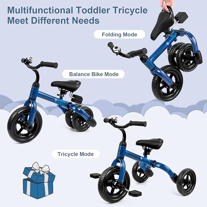 XPIY Tricycle for Toddlers Age 2-5 Years Old, 3 in 1 Folding Toddler Bike for Boys and Girls, Kids' Bike Trike with Detachable Pedal and Adjustable Seat (Blue)