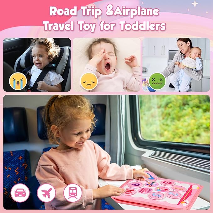 Pink Montessori Busy Board Book for Toddlers 1-3, Montessori Toys for 1-3 Year Old Girl Birthday Gift, Educational Quiet Activity Books for Toddlers 1-3, Airplane Car Travel Toys for Ages 2-4