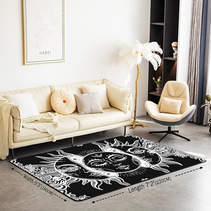 Erosebridal Sun and Moon Area Rug 5x7 Boho Exotic Style Rugs for Adult Women Teens Black White Bohemian Mandala Decor Down, Bohemian Botanical Floral Non Slip Decorative Rug