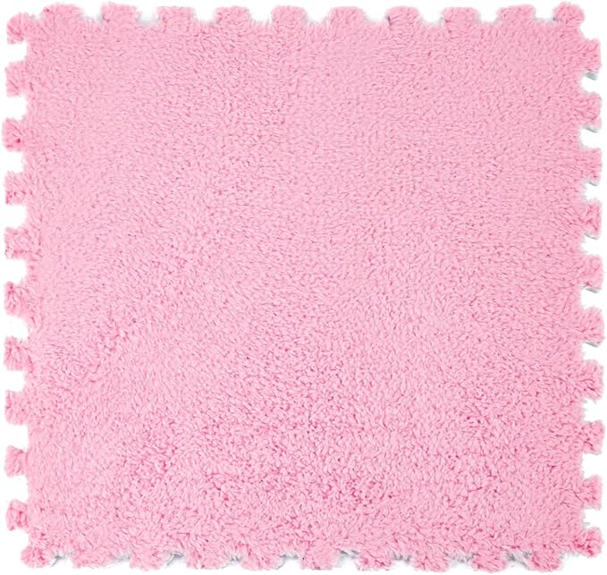Interlocking Carpet Shaggy Soft EVA Foam Mats Fluffy Area Rugs Protective Floor Tiles Exercise Play Mat for Children Kids Room Home Parlor Bedroom (12 pcs, Light Pink)