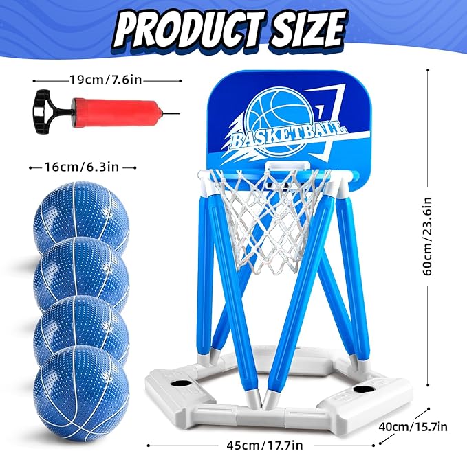 Pool Basketball Hoop, Floating Basketball Hoop Toy for Pool Water Game with 4 Basketballs Summer Swimming Pool Games for Kids & Adults Indoor Outdoor Play (Blue)
