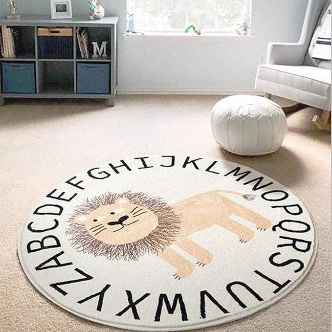 Poowe Round Kids Playroom Rug - Soft Alphabet Nursery Rug for Bedroom - Playtime Collection, Learning & Game Carpet for Classroom, Best Shower Gift for Infant Toddlers (Round 39.4" Little Lion)