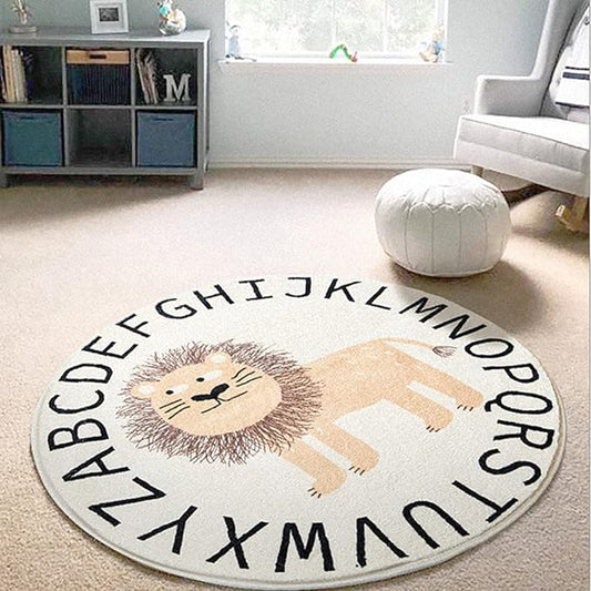 Poowe Round Kids Playroom Rug - Soft Alphabet Nursery Rug for Bedroom - Playtime Collection, Learning & Game Carpet for Classroom, Best Shower Gift for Infant Toddlers (Round 39.4" Little Lion)