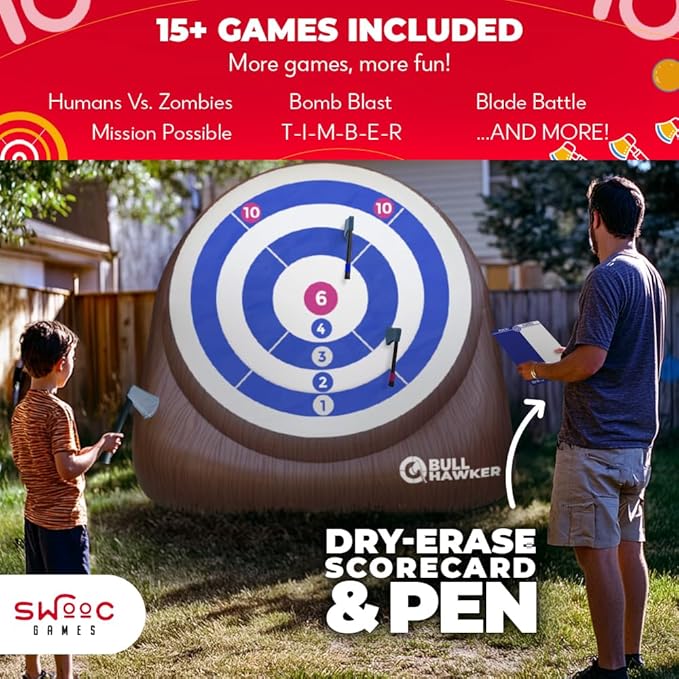 SWOOC Games - Bull Hawker™ | Giant Axe Darts (Over 6ft Tall) w/ 15+ Games | Axe Throwing Game for Backyard w/Air Pump | Outdoor Games for Adults and Family | Carnival Games | Throwing Axe Yard Games