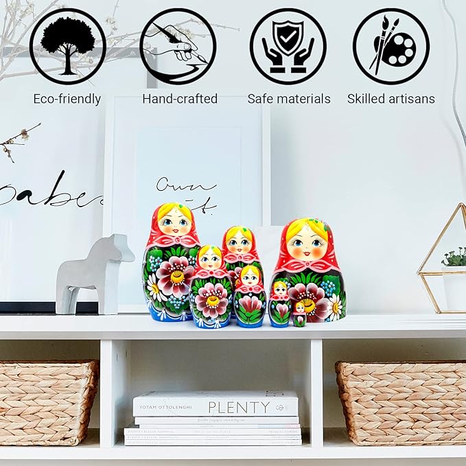 AEVVV Russian Nesting Dolls Set 7 pcs - Russian Nesting Babushka Dolls with Flowers - Handmade Matryoshka Doll with Rose Flowers Home Decor - Munecas Rusas