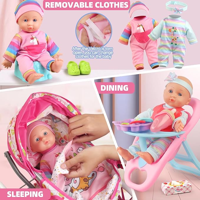 Baby Doll Stroller Toys Set with 12.5" Baby Doll,Dining Chair,Quilt Pillow,24 PCS Baby Doll Accessories and 2 Sets Doll Clothes,Baby Stroller Toys for Girls Toddlers 3-5 4-6 5-7 Gifts for Pretend Play