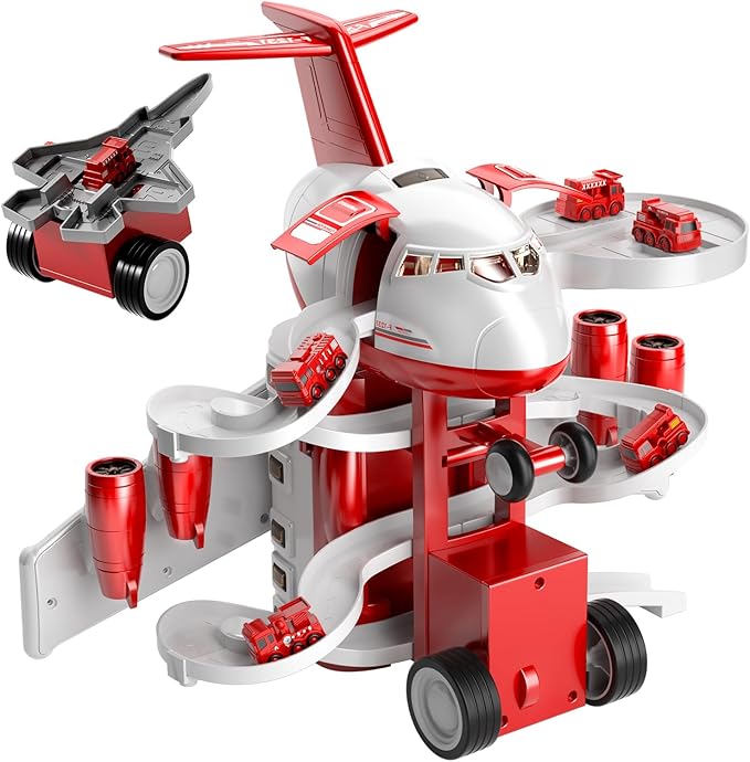 TEMI Kids Airplane Boy Toys for 3 4 5 Year Old Boys - Car Race Tracks for Kids Ages 3-5 with 8 Small Car Toys, Toddlers Educational Toy, Birthday Gifts for Boys 3-5, Birthday Gifts for Boys Girls 3-5