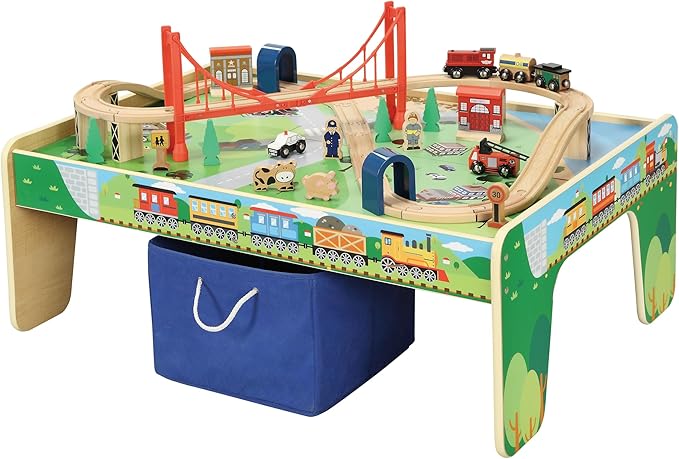 50 Piece Wooden Train Set with Activity Table & Storage Bin - 100% Hardwood Track, Engine, Oil Tanker, Caboose, Fire Engine, Station, Policeman, Farm Animals. Compatible with All Major Brands