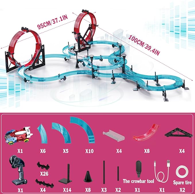 Slot Car Race Track Sets Electric Remote Control Car Track Racing Game Rechargable Magnetic Cars Racing with Hand Controllers Circular Overpass Track Toys for Boys Kids Age 6 7 8-12