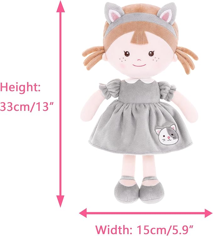 Onetoo First Baby Doll Soft Baby Gifts for Girls Plush Rag Doll Wear Kitty Costume Gray Dress 14"