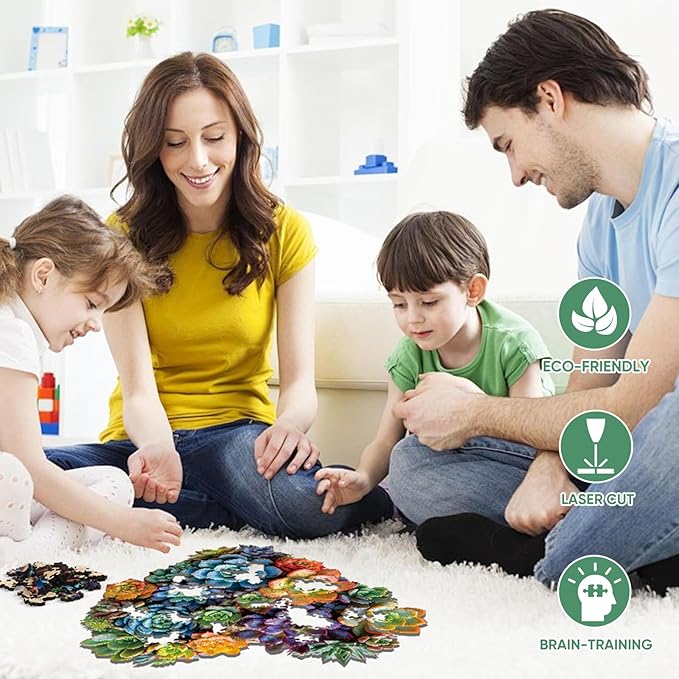 Heart Succulent Wooden Puzzles for Adults, 200 Piece Unique Shaped Wood Jigsaw Puzzles for Adults and Kids, Fun Challenging Puzzles Family Game Gift, Medium 11.7'' x 11.2''