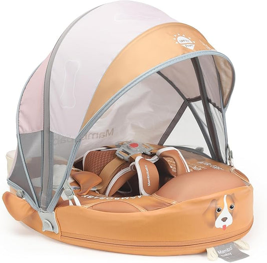 Mambobaby Float Add Tail Baby Swim Float with Canopy Solid Pool Infant Swim Trainer Swimming Training Lying Air Free Water Floats Non-Inflatable Waist Swim Ring for Toddlers (Cute Puppy)