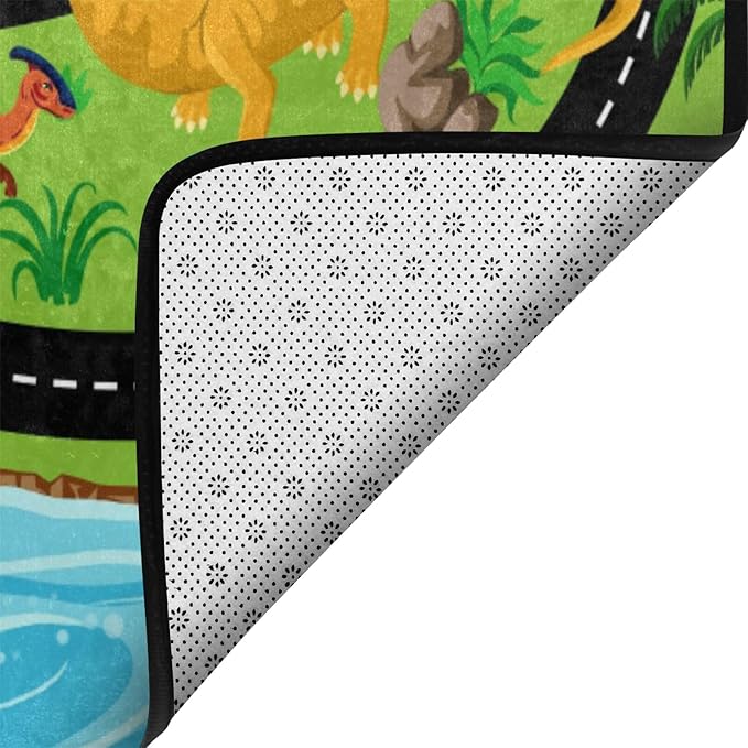 Kids Rug, Jurassic Forest Park Road System Playmat Rugs - 5x7 Ft Kids Carpet with Rubber Backing, Stegosaurus Spinosaurus Dinosaur Play Mat Great for Playing with Cars for Bedroom Playroom Nursery Rug