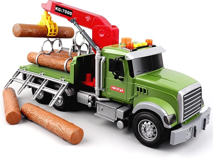 Dwi Dowellin Kids Toys for 3 4 5 6 7 Years Old Boys,15" Large Timber Truck with Loading Crane and 6 Trunks,Birthday Gifts for Boy Toddler Child