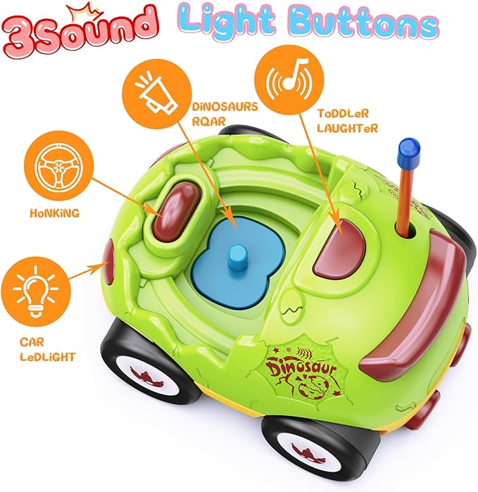 2 Pack Dinosaur Toys Remote Control Cars for Toddlers Ages 2 3 4 5 6, Christmas Birthday Gifts for 2-5 Year Old Boys, Dinosaur RC Car Toys with Music and Lights (Green Blue)