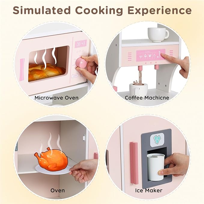 SainSmart Jr. Play Kitchen for Kids, Wooden Kitchen Playset with Lights & Sounds, Ice Maker, Oven & Sink, Trendy Home Style Toy Kitchen, Gift for 3+ Years