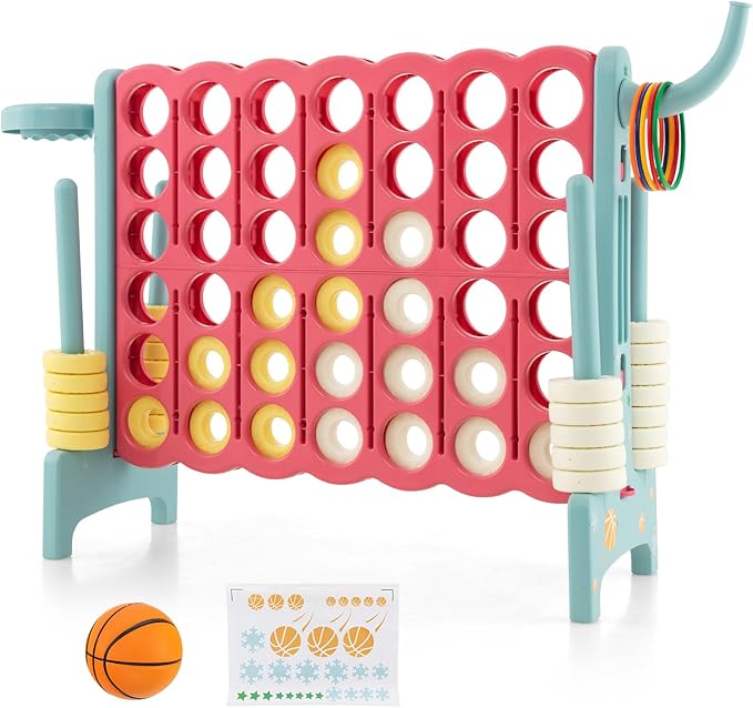Costzon Giant 4-in-A-Row, Jumbo 4-to-Score Giant Game w/Basketball Hoop, Ring Toss, Quick-Release Slider, 42 Jumbo Rings, Indoor Outdoor Family Connect Game for Kids & Adults, Backyard Games