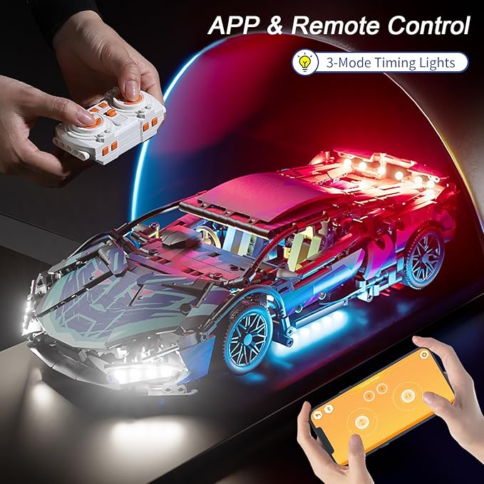 Sport Car Building Block Sets for Adults, Technical Remote Control APP Race Car with LED Lights,Collectible 1:14 Model Scale Engineering Toy Men Teens Boys Birthday Gift Age 8+ 8-12 12 13 14