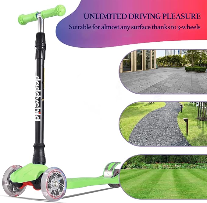 Kids Kick Scooter, 3 Wheeled Scooter for Kids, Child/Toddlers Toy, Adjustable Height, Anti-Slip Deck, Flashing Wheel Lights, for Boys/Girls 3-12 Year Old