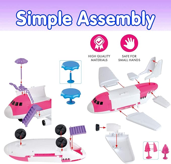 Pink Airplane Toy Private Jet Transport Cargo Vehicle - Big Large Aircraft Plane with Figures and Beauty Accessories Pretend Playset for Toddler Girls