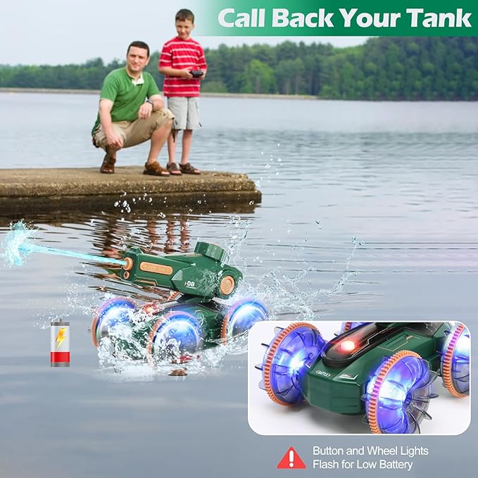Toys for Kids 6-12 Remote Control Car Boat Gifts for Boys 5-7 8 9 10 11 Year Old Amphibious RC Gesture Stunt Water Squirt Tank with Lights & Self-Dispensing Cool Outdoor Summer Beach Pool Toy