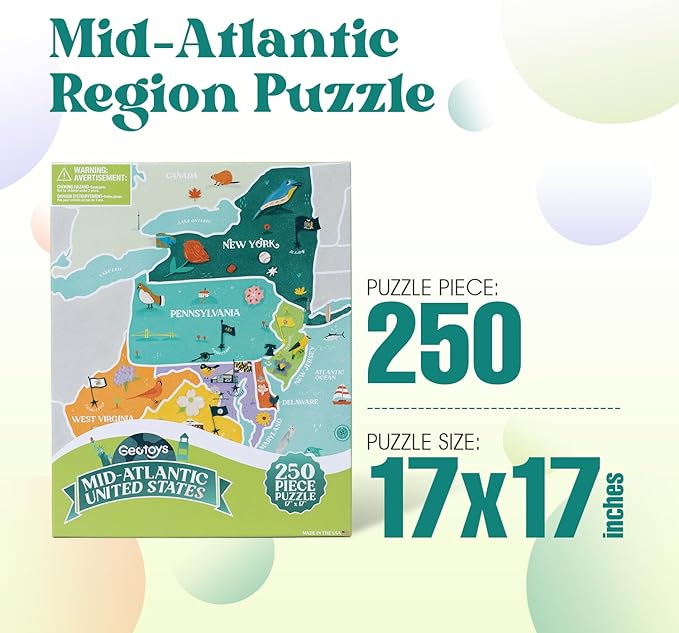 Geotoys Mid-Atlantic Region Jigsaw Puzzle - 250 Piece Puzzle for Kids - Jigsaw Puzzles for Kids Ages 8-12 Years Old - Geography Puzzles with Colorful Landmarks, United States Flag and More