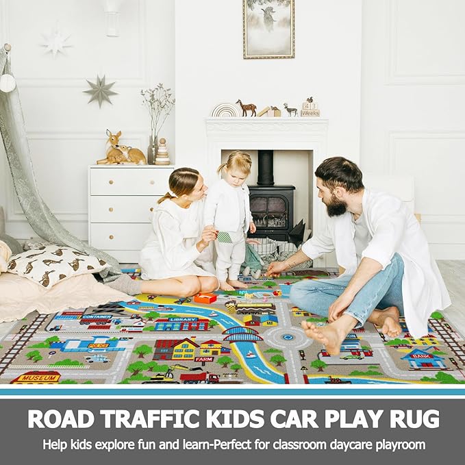 Capslpad Kids Rug 6'6" x 5'0" Educational Learning Kids Play Area Rug Large Traffic Road Cars Play Mat for Kid Toy Nursery Rug Kid Car Carpet for Playroom Living Room Classroom Decor, Tan