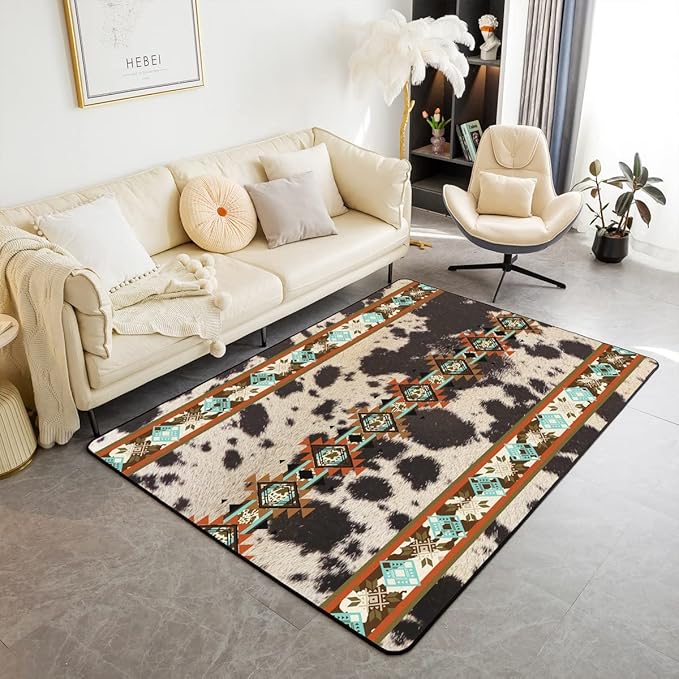 Erosebridal Cowhide Area Rug 5x6'6'', Brown Highland Cow Print Rug, Western Rug Exotic Aztec Carpet for Bedside, Farmhouse Wild Animals Longhorn Skin Cowboys Decorative Rug for Men