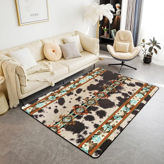 Erosebridal Cowhide Area Rug 5x6'6'', Brown Highland Cow Print Rug, Western Rug Exotic Aztec Carpet for Bedside, Farmhouse Wild Animals Longhorn Skin Cowboys Decorative Rug for Men
