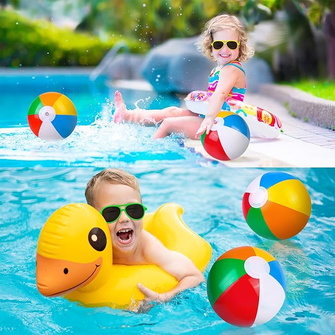 Aodaer 30 Pieces Kids Neon Sunglasses Bulk and 30 Pieces Inflatable Beach Balls 8-12 Inches for Beach Pool Party Favors Rainbow Inflatable Swimming Pool Balls for Water Games Toys Summer Supplies